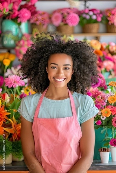 Fototapeta Vibrant Flower Shop with Cheerful Florist Surrounded by Colorful Blooms and Lush Greenery Creating Joyful Atmosphere for Customers Seeking Floral Arrangements