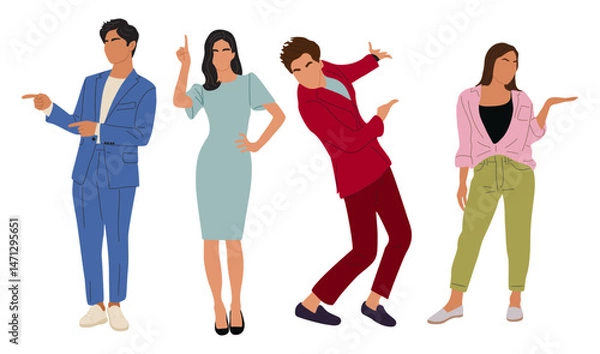 Fototapeta et of diverse people standing full length, pointing, showing direction,  presenting goods with hand gestures. Flat colorful vector illustrations isolated on transparent background