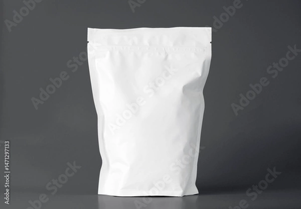 Fototapeta stand-up pouch, white packaging, food bag, foil pack, product mockup, standing package, dark background, clean branding, coffee pouch, protein packaging, isolated product, matte finish, minimal design