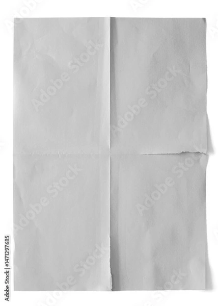 Fototapeta A realistic white paper sheet with horizontal and vertical folds and a slightly ripped edge, presented on a dark grey background. Ideal for collage, editorial design, or grunge-style layouts.