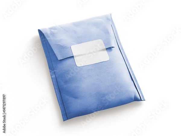 Fototapeta Blue paper envelope with transparent sticker label placed on white background. Crisp and professional look suitable for mailing, branding, and product packaging mockups.
