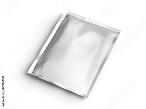 Fototapeta A shiny white foil packaging mockup with subtle crinkles, placed diagonally on a black background. This clean and modern packaging scene is perfect for branding previews, e-commerce visuals.
