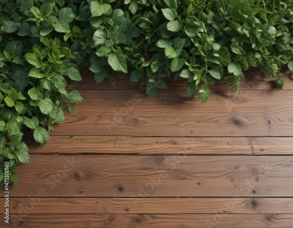 Fototapeta Close-up of fresh greenery & wooden surface, earthy color palette,  branches,  organic