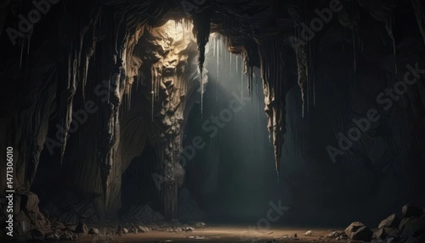 Fototapeta Dark, damp cave  Dripping water, sharp stalactites  Grunge texture , water, stalagmite,  karst