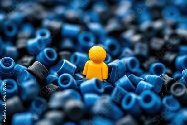 Fototapeta Yellow figure standing out from blue plastic pieces in a close up shot focusing on individuality and uniqueness
