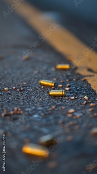 Fototapeta Spent bullet casings littering asphalt road surface with yellow line at dusk crime scene low angle view
