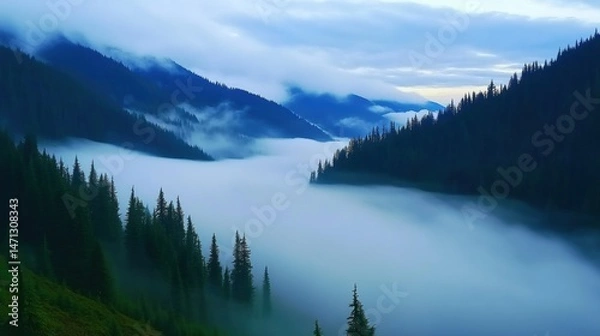 Obraz Serene Misty Landscape with Majestic Mountains and Evergreen Trees