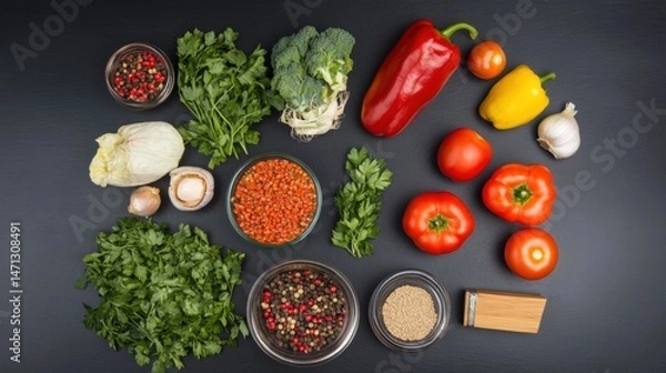Obraz Colorful Fresh Organic Vegetables and Herbs on Dark Background