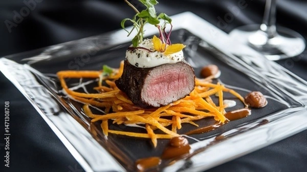 Obraz Gourmet Beef Dish with Carrots and Microgreens on Elegant Plate