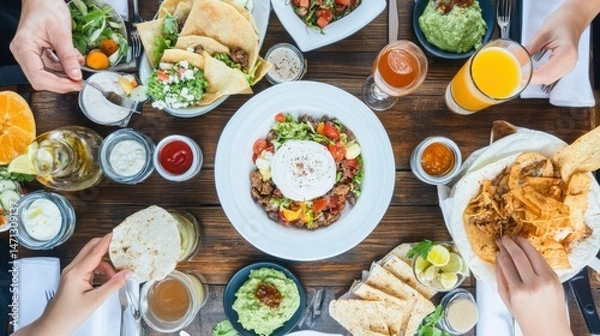 Obraz Colorful Spread of Delicious Dishes on a Wooden Table