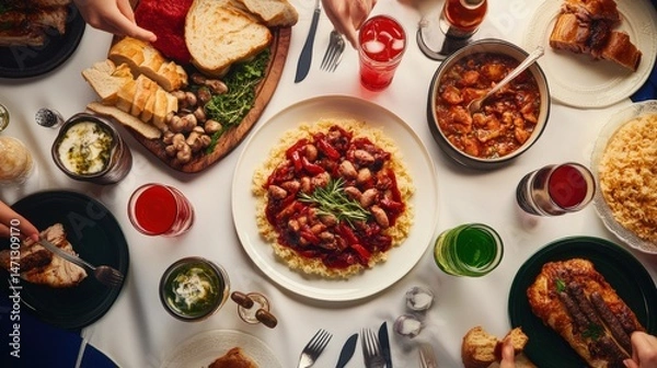 Obraz Vibrant Dinner Table Spread with Various Dishes and Drinks