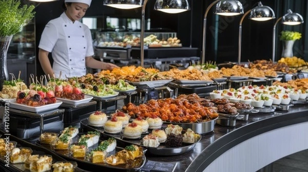 Obraz Gourmet Buffet Spread with Chef Preparing Fresh Dishes and Delights