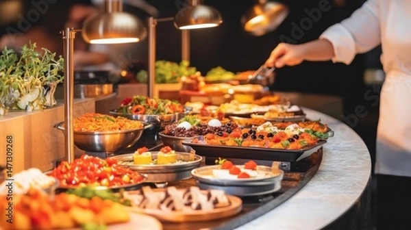 Obraz Elegant Buffet Spread with Fresh Fruits, Desserts, and Salads