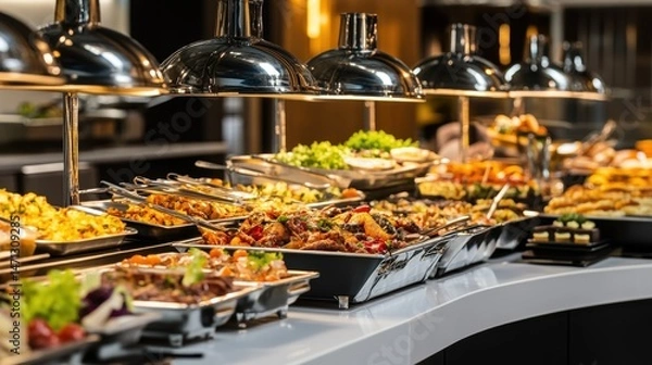 Obraz Gourmet Buffet Presentation with Fresh Ingredients and Colorful Dishes