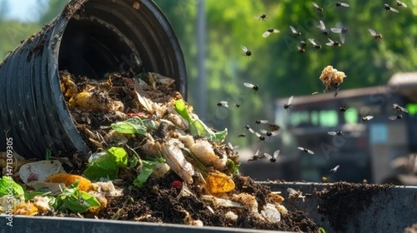 Obraz Overflowing Trash Bin with Organic Waste and Flying Insects in Nature