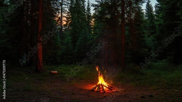 Obraz Tranquil Campfire Scene Amidst Majestic Pine Forest at Dusk