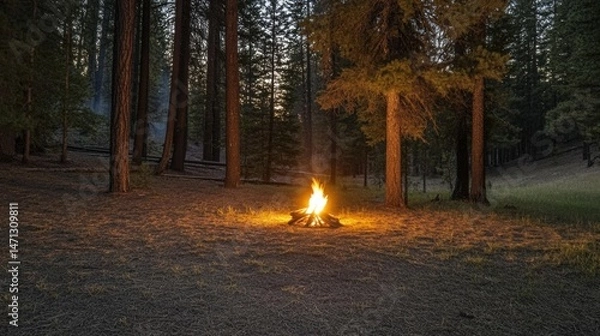 Obraz Tranquil Campfire Under Tall Pine Trees in a Forest at Dusk