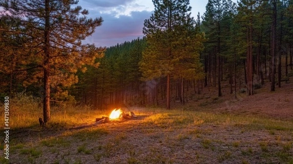 Obraz Serene Campfire in a Pine Forest at Dusk with Fading Light