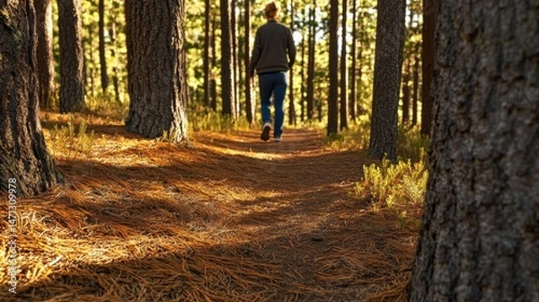 Obraz Person Walking on Pine Needle Trail Through Sunlit Forest Path