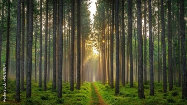 Obraz Serene Light Filtering Through Tall Trees in Enchanted Forest Path