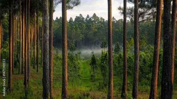 Obraz Serene Misty Forest Landscape with Tall Pine Trees and Greenery