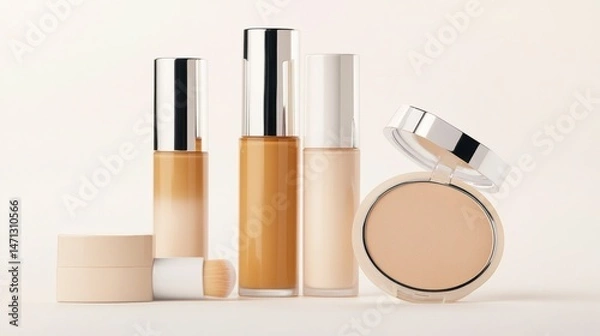 Fototapeta Various Makeup Products Including Foundations and Powders on Display