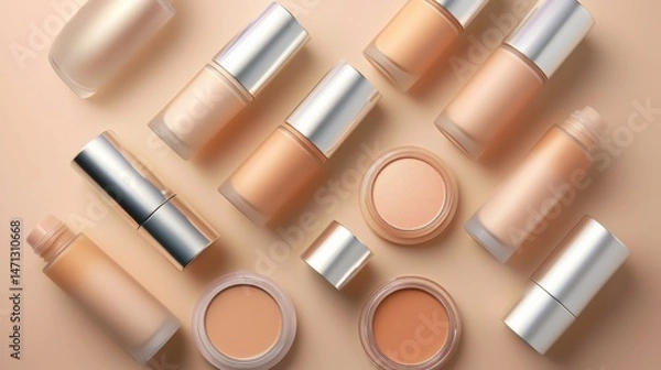 Obraz Assorted Makeup Bottles Arranged on Soft Beige Background
