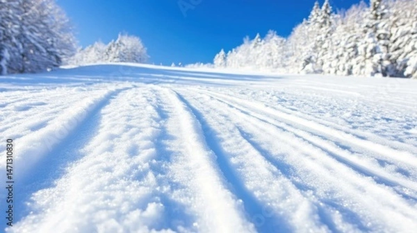 Obraz Snowy Mountain Landscape with Ski Tracks Under Bright Blue Sky