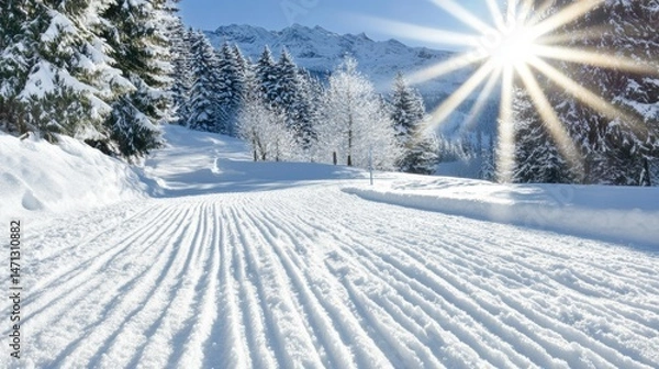 Obraz Serene Winter Landscape with Snowy Trail and Sparkling Sunlight