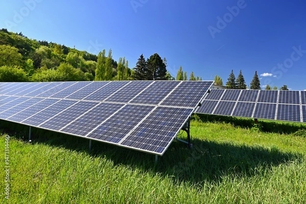 Obraz Technology solar cell. Solar panels on the sky background. Power plant. Alternative source of electricity. Solar farm.