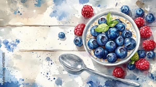 Obraz Watercolor illustration of fresh berries and oatmeal.