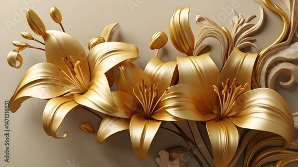 Fototapeta Golden Lily with Stucco Stems and Leaves An elegant 3D floral background. Elegant 3D Floral Background Featuring Golden Lily with Stucco Stems and Leaves. Generated with AI
