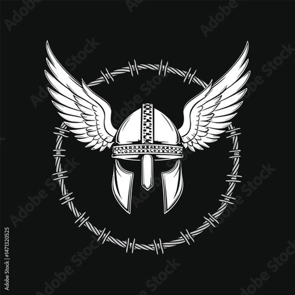 Obraz Winged Viking Helmet with Barbed Wire Circle – Warrior Symbol Vector Illustration
