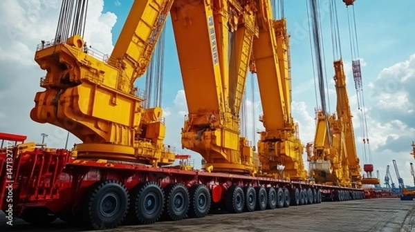 Obraz Large, heavy-duty crane and transport vehicle in port.