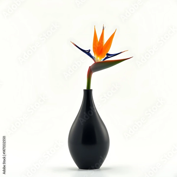 Fototapeta sleek_black_vase_with_tropical_bird-of-paradise_flower_on_white_backdrop