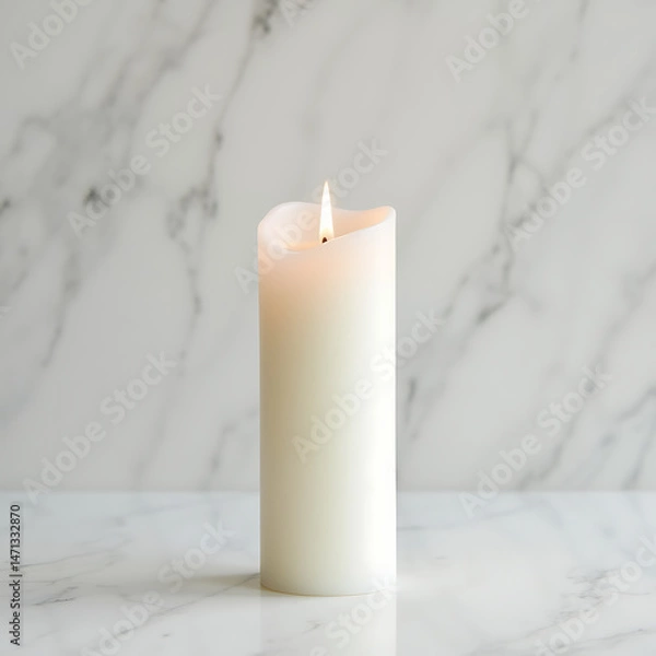 Fototapeta single_white_tapered_candle_with_soft_glowing_flame_on_pure_white_marble
