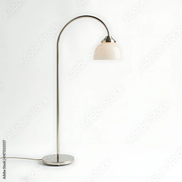 Fototapeta thin_aluminum_light_pole_with_curved_arm_and_frosted_glass_shade_on_white