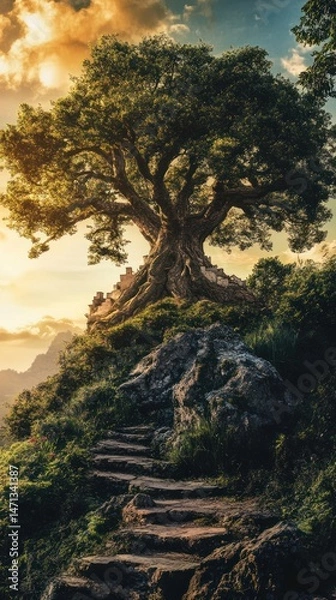 Obraz Majestic tree atop a hill with a stone path leading up.
