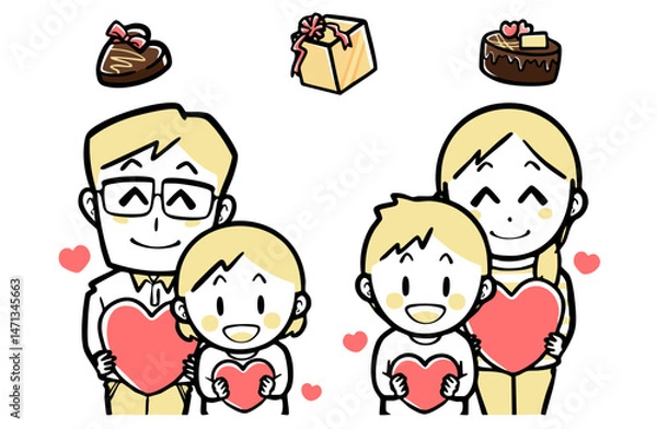 Fototapeta 赤いハートを持った、普段着の家族