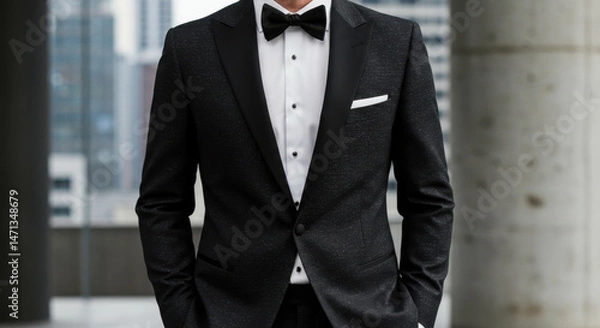 Fototapeta Stylish Man in Sparkling Black Tuxedo and Bow Tie Standing in Modern Urban Setting