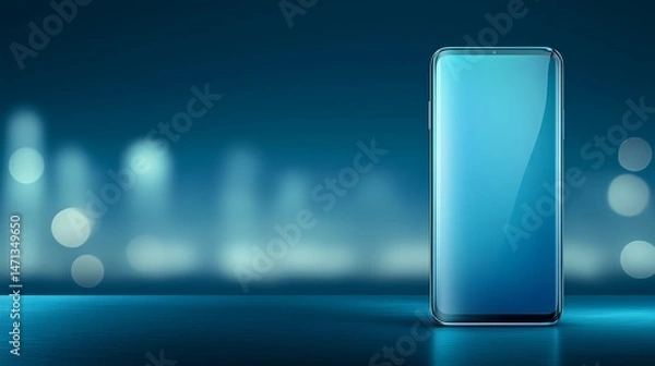 Fototapeta Sleek smartphone with vibrant blue screen stands upright on glossy blue surface against blurred backdrop of nighttime cityscape