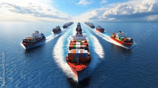 Fototapeta Multiple cargo ships traversing open waters under a bright sky.