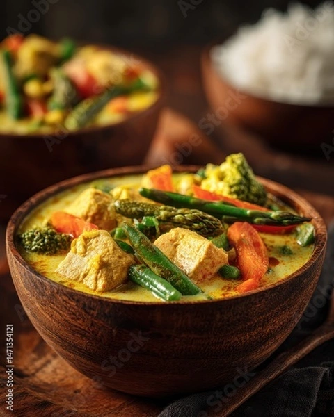 Obraz Close up of Thai green curry with tofu and vegetables in wooden bowl on rustic table setting food photography
