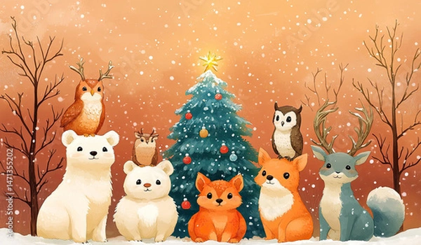 Fototapeta Stacked Forest Animals Forming a Whimsical Christmas Tree Shape