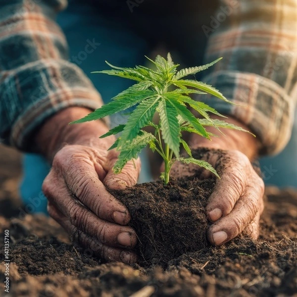 Obraz Close up of farmer hands holding cannabis seedling with soil in outdoor field in sunlight for cultivation