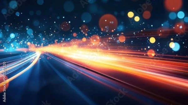 Fototapeta Abstract light trails creating dynamic motion blur effect in orange and blue tones with bokeh background for technology concept