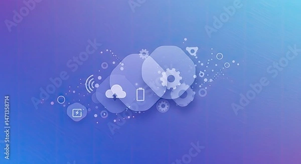 Fototapeta Abstract digital technology concept. Overlapping translucent shapes, representing interconnected systems, applications and processes, against a gradient background