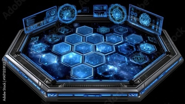 Obraz Futuristic digital interface displaying glowing holographic data in dark space, a complex holodeck control system with 2-standard v2-6x elements.