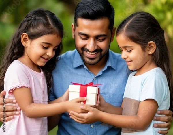 Fototapeta Children give a gift to their father and hug him. Happiness and smiles.