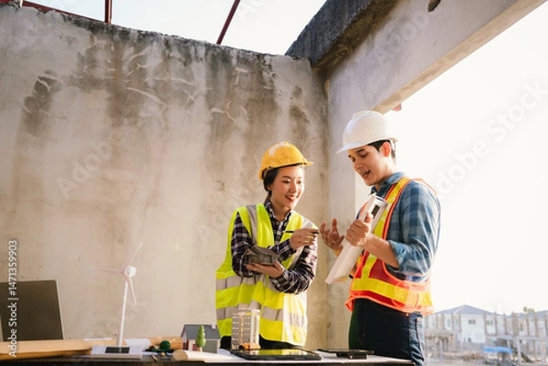 Obraz Architects and engineers collaborate at a desk with blueprints and solar panels, planning sustainable energy solutions for eco-friendly construction projects.